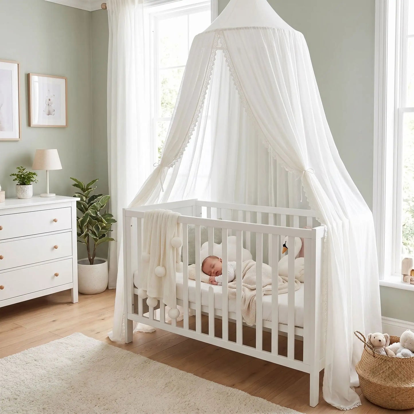 Ciel de lit bébé blanc accroché 