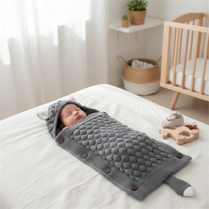 Nid d'ange bébé gris tricoté motif Petit Renard 