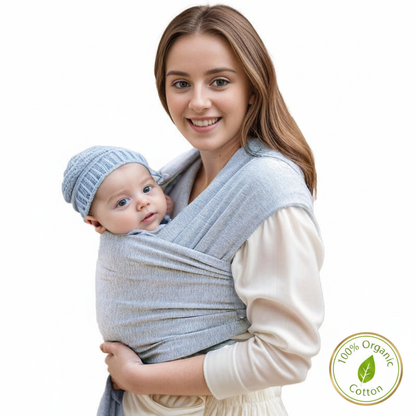 portage bebe echarpe bleue avec logo coton bio