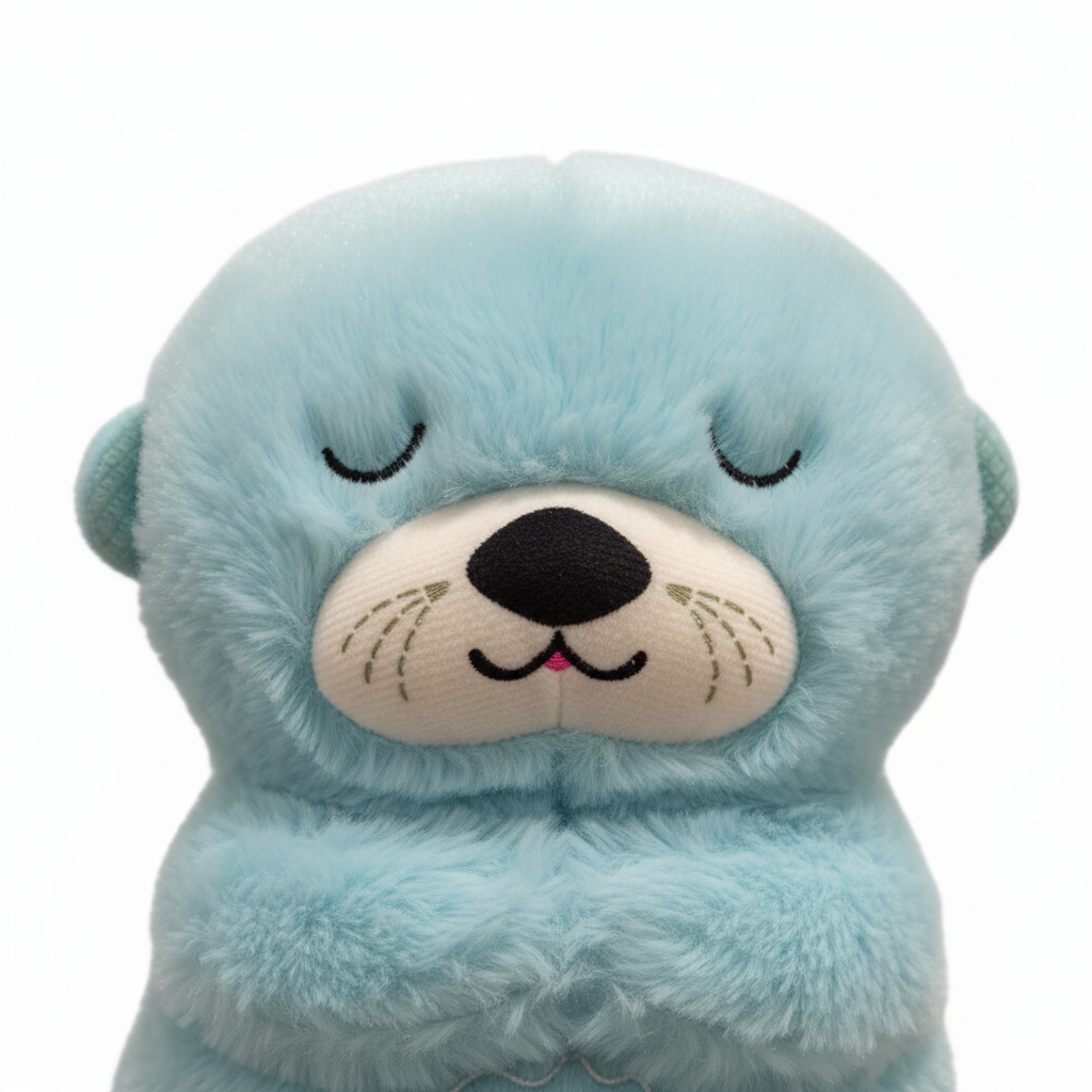 Gros plan sur les yeux brodés, le museau et la fourrure du doudou loutre bleu turquoise