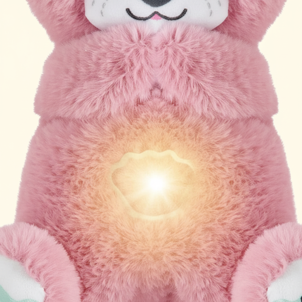Zoom du ventre lumineux et de la texture du doudou ours rose