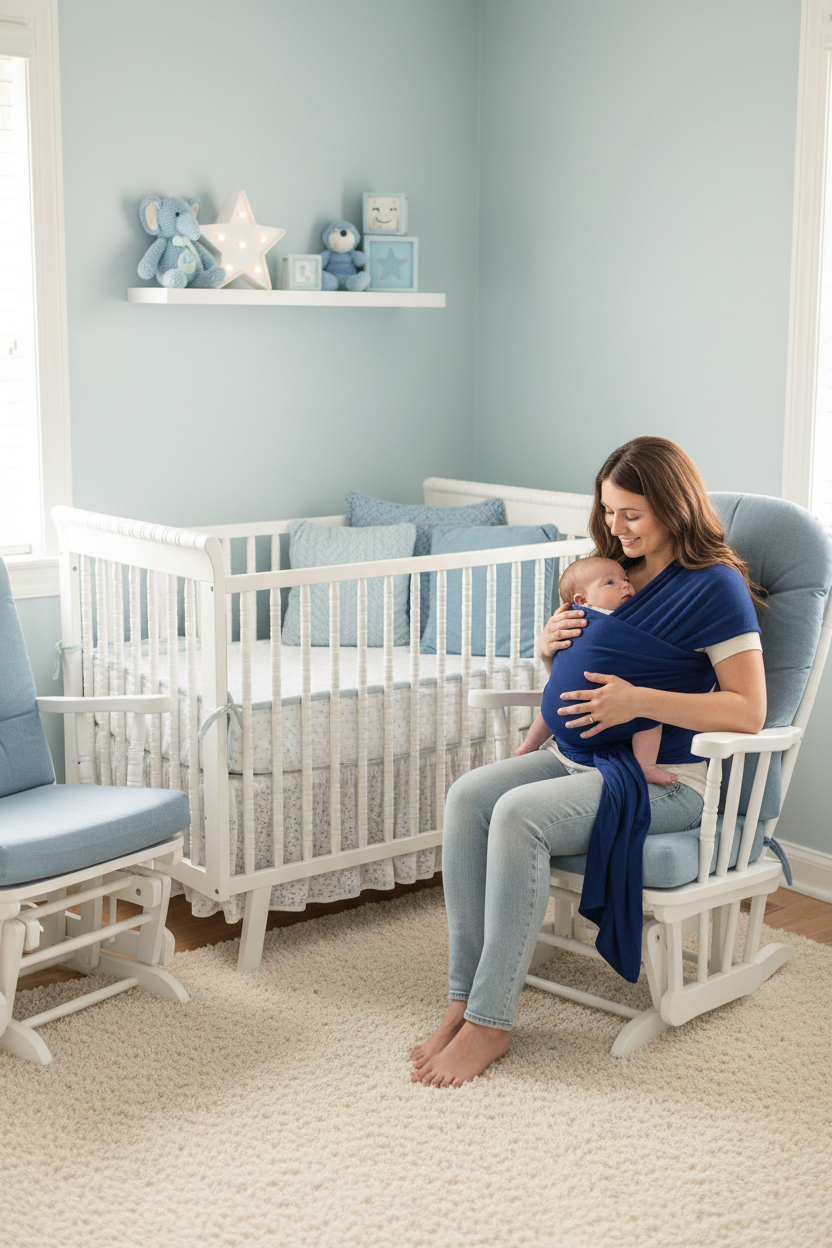 Echarpe pour bebe Bleu et Maman et bébé dans chambre bleue
